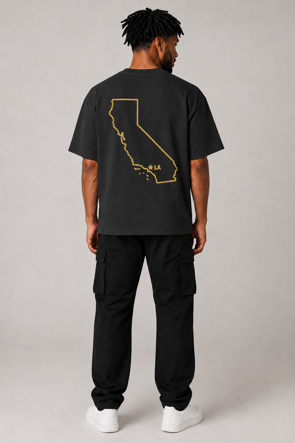 Los Angeles 1781 Heritage 240 GSM Heavyweight Boxy T-Shirt, Black back-view full-body men’s studio model photo, Los Angeles | City 2 City Wear