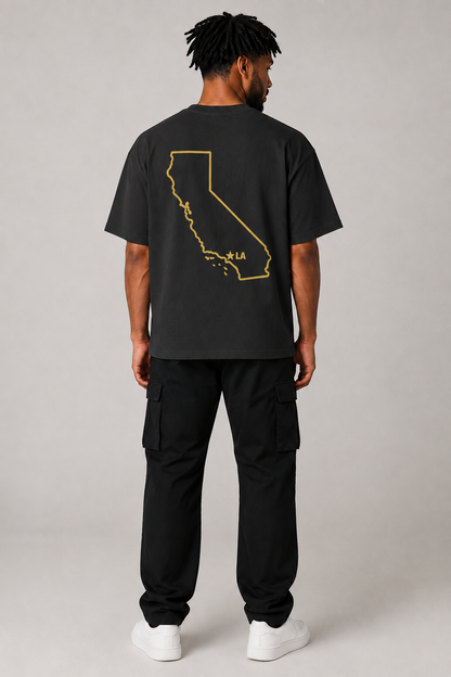 Los Angeles 1781 Heritage 240 GSM Heavyweight Boxy T-Shirt, Black back-view full-body men’s studio model photo, Los Angeles | City 2 City Wear
