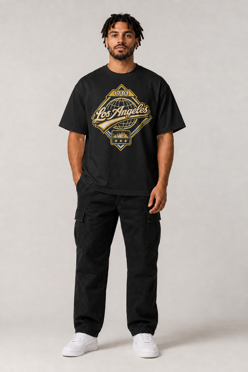 Los Angeles 1781 Heritage 240 GSM Heavyweight Boxy T-Shirt, Black front-view full-body men’s studio model photo, Los Angeles | City 2 City Wear
