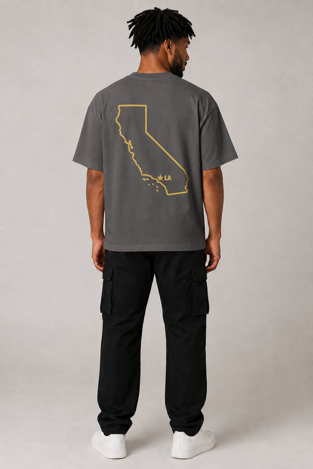 Los Angeles 1781 Heritage 240 GSM Heavyweight Boxy T-Shirt, Graphite Gray back-view full-body men’s studio model photo, Los Angeles | City 2 City Wear