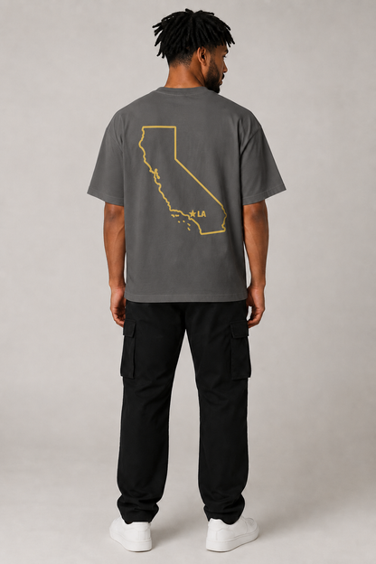 Los Angeles 1781 Heritage 240 GSM Heavyweight Boxy T-Shirt, Graphite Gray back-view full-body men’s studio model photo, Los Angeles | City 2 City Wear