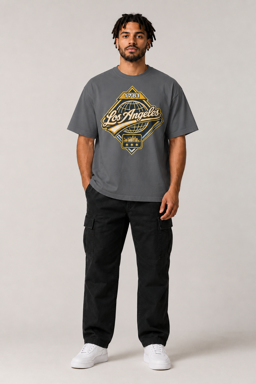 Los Angeles 1781 Heritage 240 GSM Heavyweight Boxy T-Shirt, Graphite Gray front-view full-body men’s studio model photo, Los Angeles | City 2 City Wear