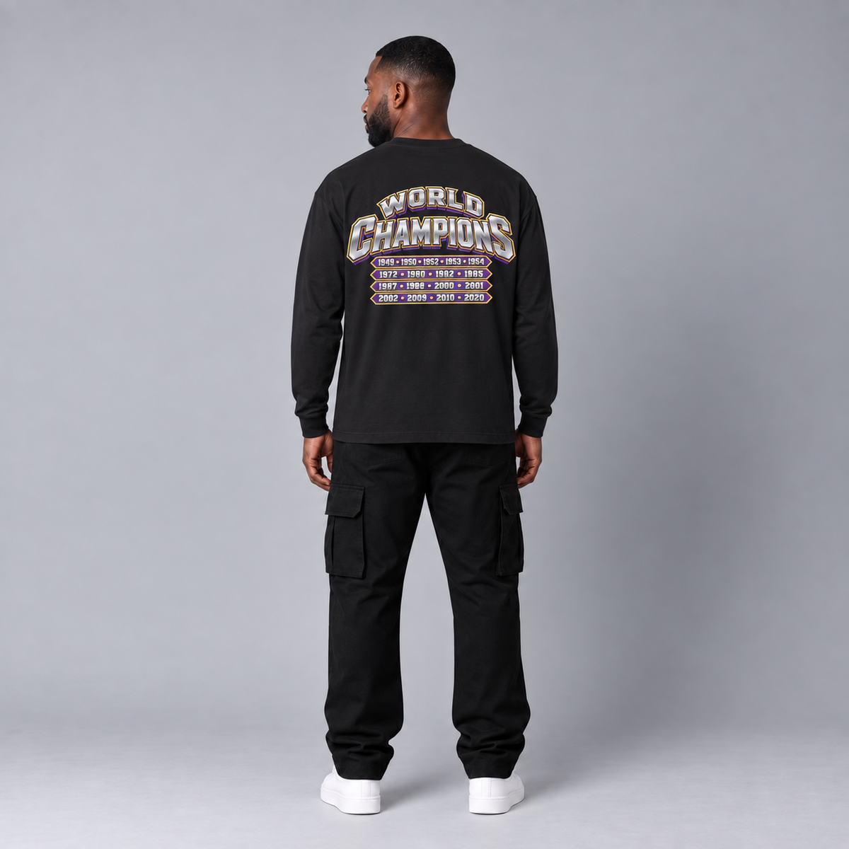 Los Angeles City Champions black long sleeve T-shirt back view full-body model with championship years graphic | City 2 City Wear