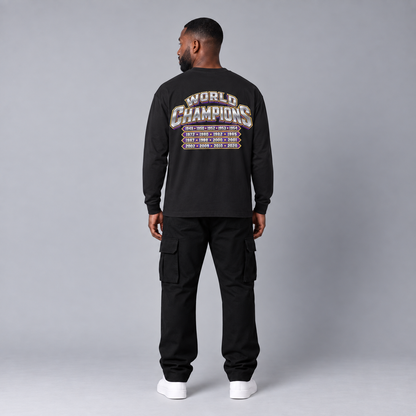 Los Angeles City Champions black long sleeve T-shirt back view full-body model with championship years graphic | City 2 City Wear