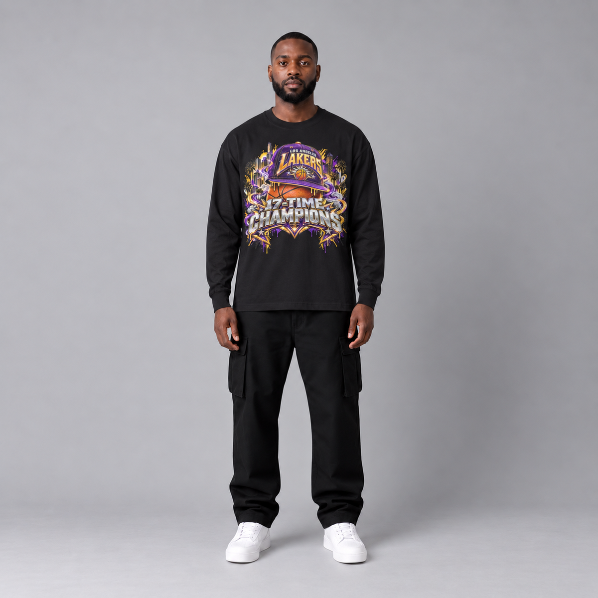 Los Angeles City Champions black long sleeve T-shirt front view full-body model | City 2 City Wear