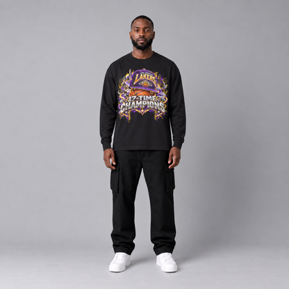 Los Angeles City Champions black long sleeve T-shirt front view full-body model | City 2 City Wear