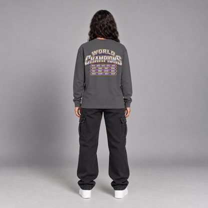 Los Angeles City Champions dark gray long sleeve T-shirt back view full-body model with championship years graphic | City 2 City Wear