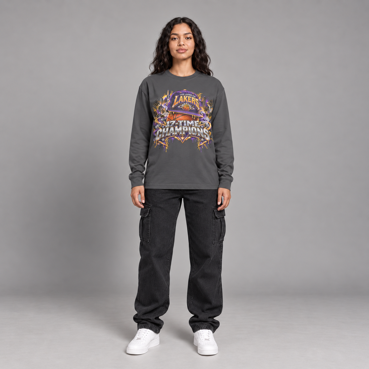Los Angeles City Champions dark gray long sleeve T-shirt front view full-body model | City 2 City Wear