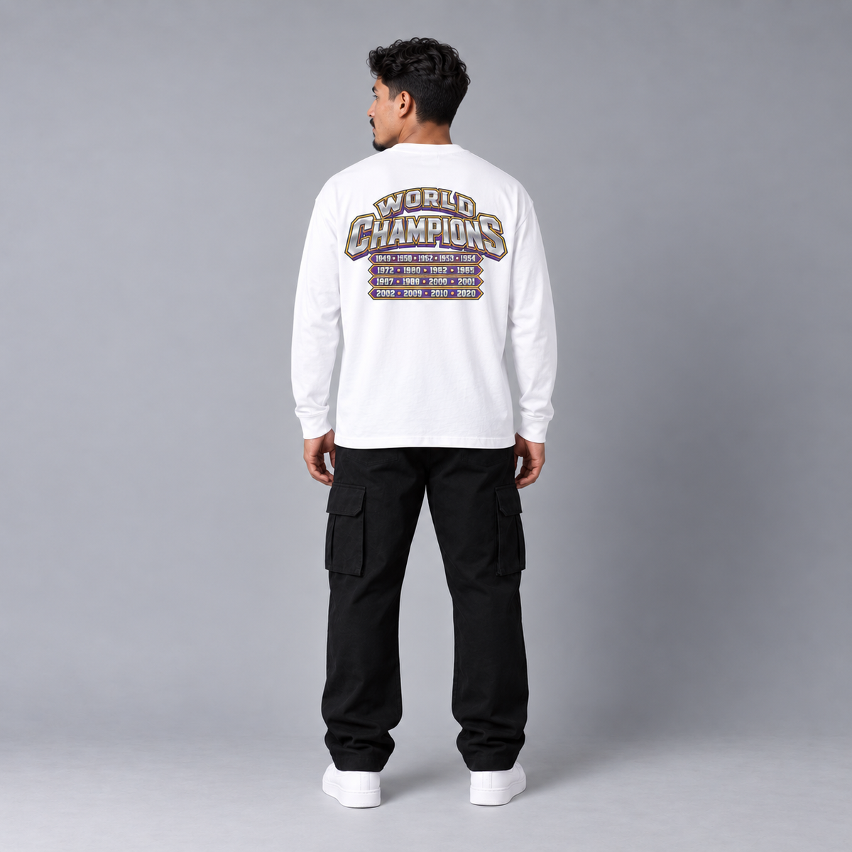 Los Angeles City Champions white long sleeve T-shirt back view full-body model with championship years graphic | City 2 City Wear