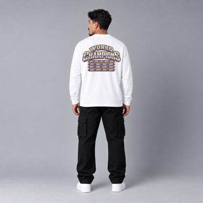 Los Angeles City Champions white long sleeve T-shirt back view full-body model with championship years graphic | City 2 City Wear
