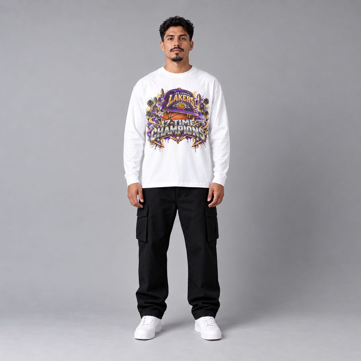 Los Angeles City Champions white long sleeve T-shirt front view full-body model | City 2 City Wear