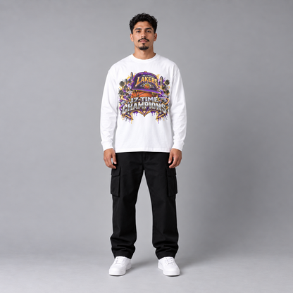 Los Angeles City Champions white long sleeve T-shirt front view full-body model | City 2 City Wear