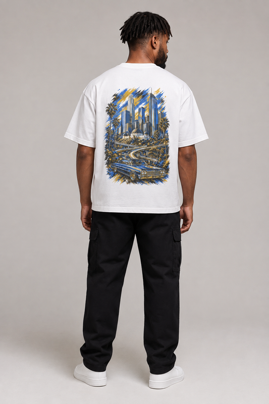 Los Angeles City of Angels Skyline 240 GSM Boxy T-Shirt, White back-view full-body men’s studio model photo, Los Angeles | City 2 City Wear