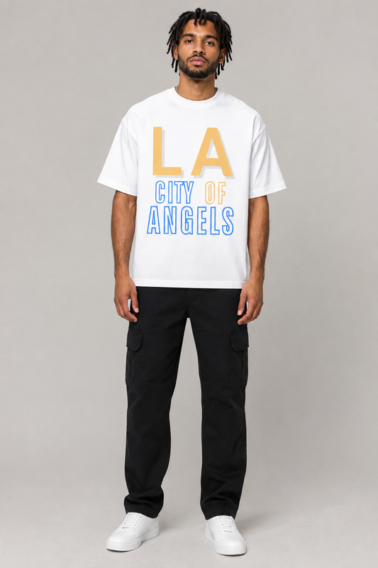Los Angeles City of Angels Skyline 240 GSM Boxy T-Shirt, White front-view full-body men’s studio model photo, Los Angeles | City 2 City Wear
