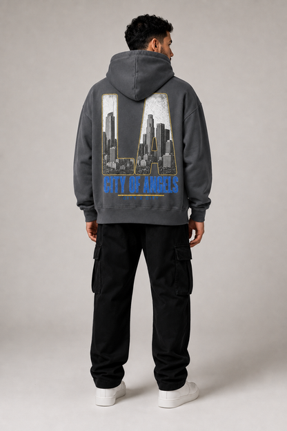Los Angeles City of Angels Skyline 440 GSM Oversized Hoodie, Carbon Gray back-view full-body men’s studio model photo, Los Angeles | City 2 City Wear