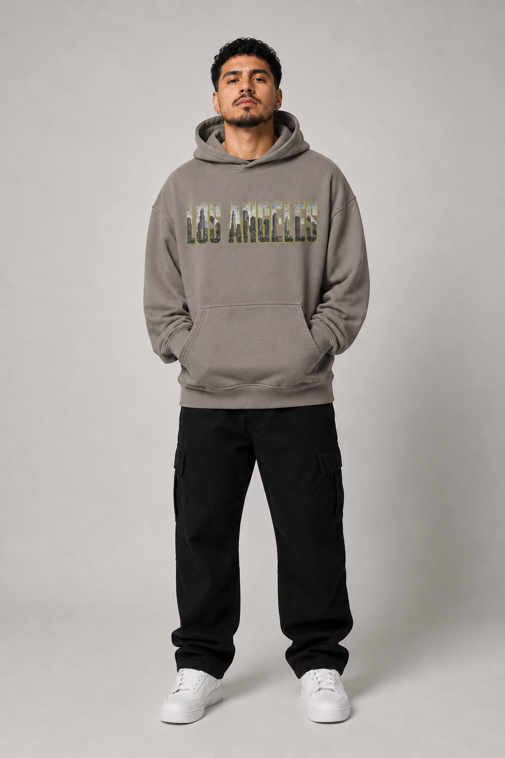Los Angeles City of Angels Skyline 440 GSM Oversized Hoodie, Friar Gray front-view full-body men’s studio model photo, Los Angeles | City 2 City Wear