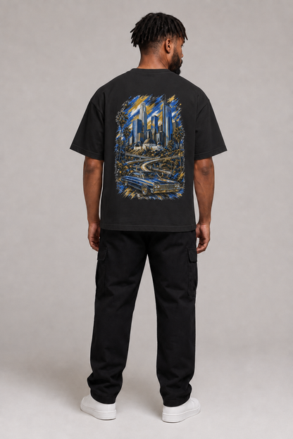 Los Angeles City of Angels Skyline 240 GSM Boxy T-Shirt, Black back-view full-body men’s studio model photo, Los Angeles | City 2 City Wear