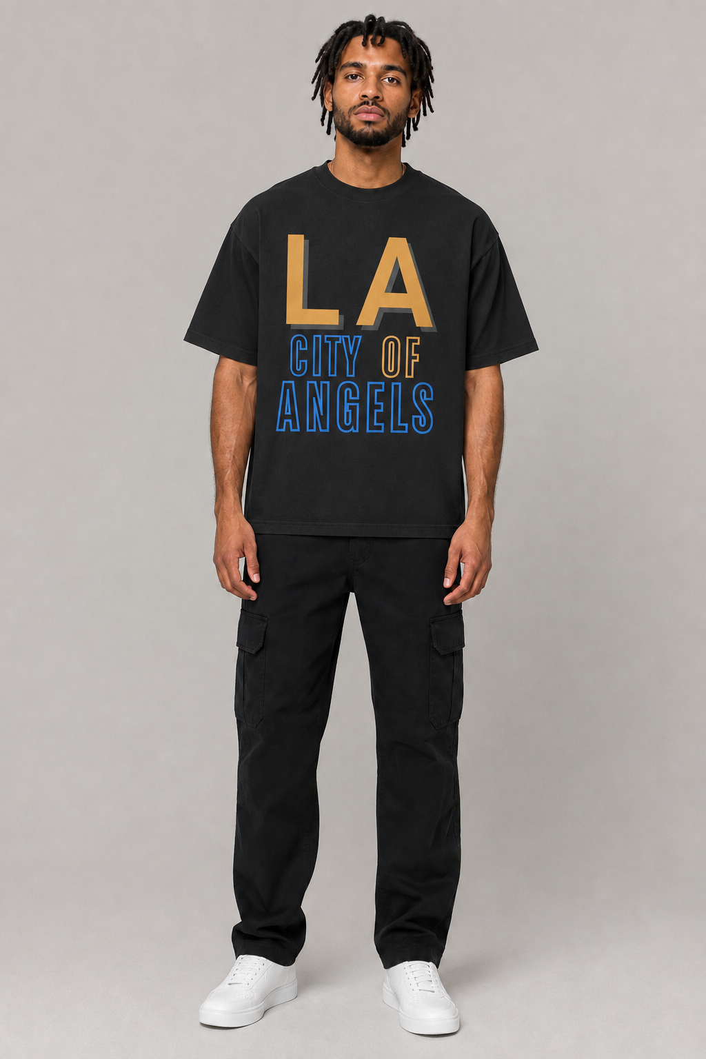 Los Angeles City of Angels Skyline 240 GSM Boxy T-Shirt, Black front-view full-body men’s studio model photo, Los Angeles | City 2 City Wear