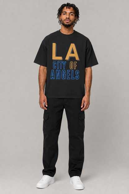 Los Angeles City of Angels Skyline 240 GSM Boxy T-Shirt, Black front-view full-body men’s studio model photo, Los Angeles | City 2 City Wear