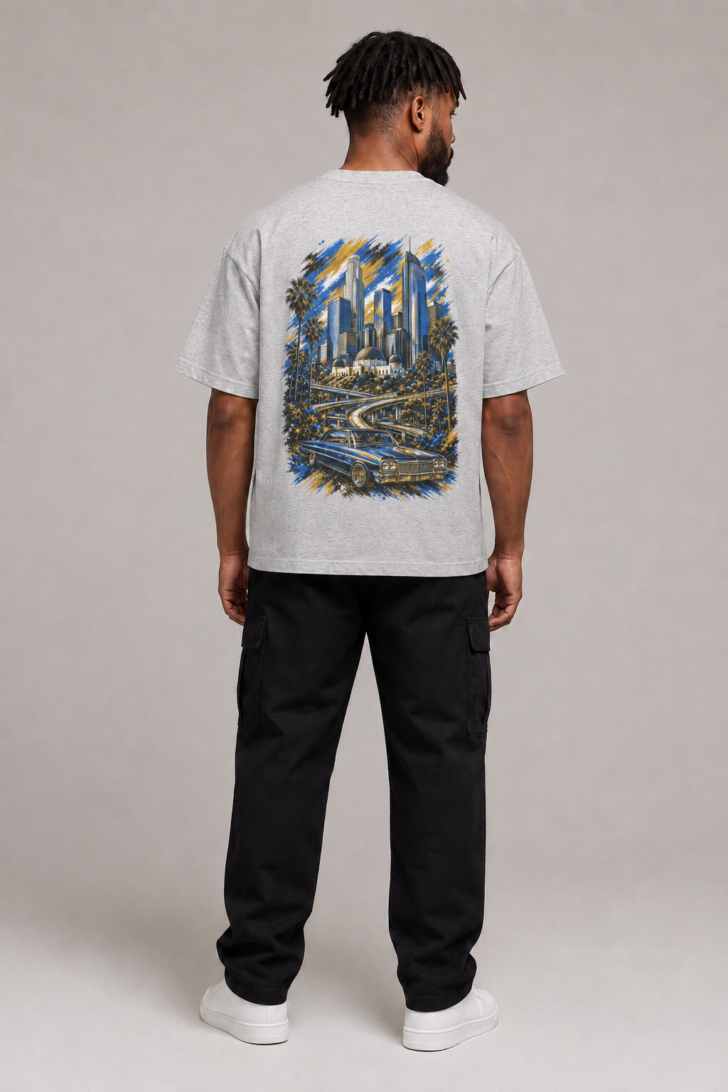 Los Angeles City of Angels Skyline 240 GSM Boxy T-Shirt, Heather Gray back-view full-body men’s studio model photo, Los Angeles | City 2 City Wear