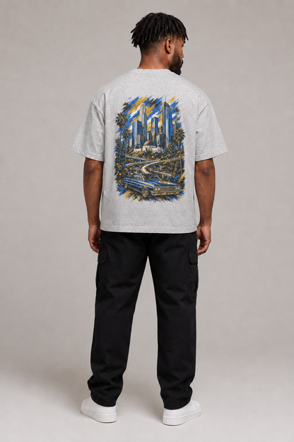 Los Angeles City of Angels Skyline 240 GSM Boxy T-Shirt, Heather Gray back-view full-body men’s studio model photo, Los Angeles | City 2 City Wear