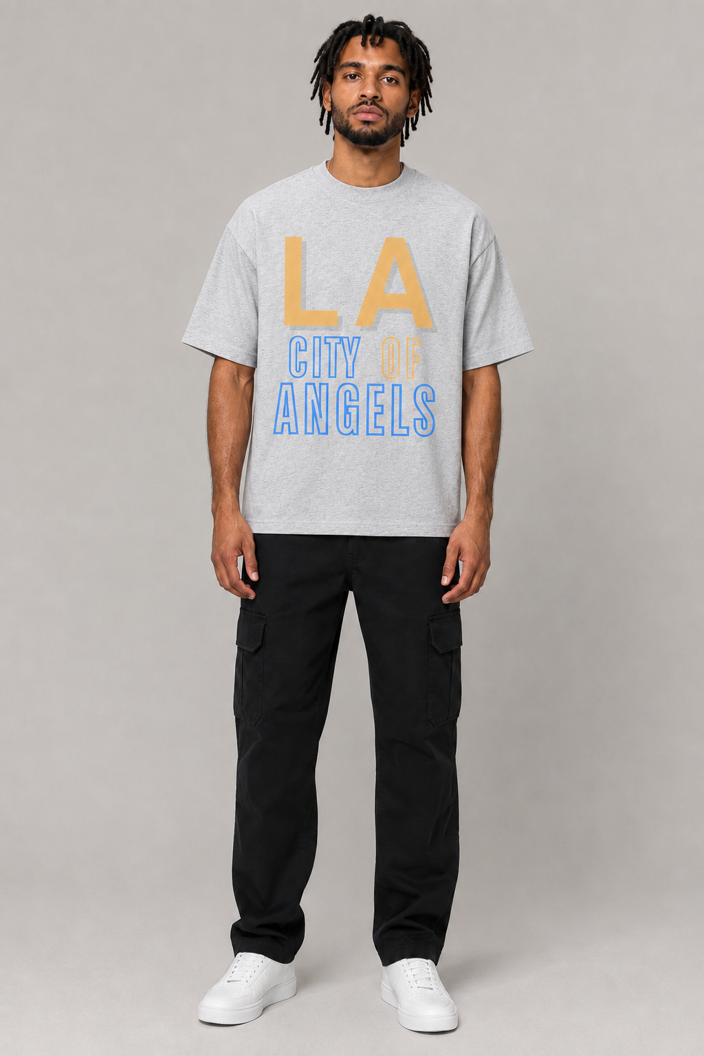 Los Angeles City of Angels Skyline 240 GSM Boxy T-Shirt, Heather Gray front-view full-body men’s studio model photo, Los Angeles | City 2 City Wear
