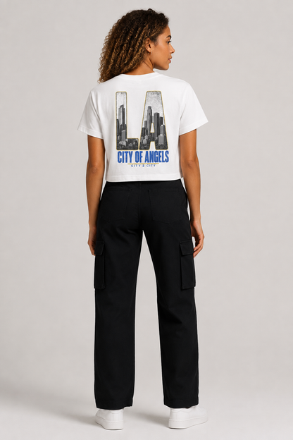 Los Angeles City of Angels Skyline Women’s Crop T-Shirt, White back-view full-body women’s studio model photo, Los Angeles | City 2 City Wear