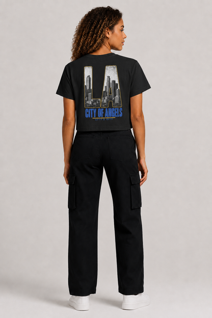 Los Angeles City of Angels Skyline Women’s Crop T-Shirt, Black back-view full-body women’s studio model photo, Los Angeles | City 2 City Wear