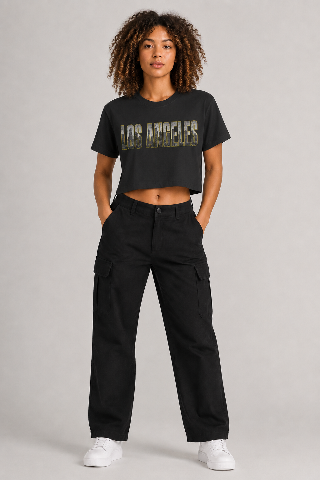 Los Angeles City of Angels Skyline Women’s Crop T-Shirt, Black front-view full-body women’s studio model photo, Los Angeles | City 2 City Wear