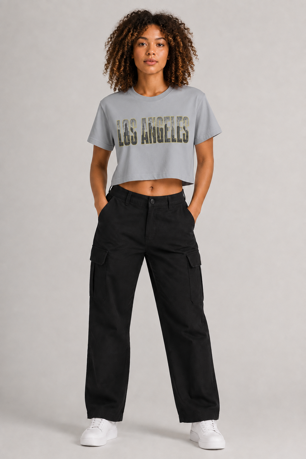 Los Angeles City of Angels Skyline Women’s Crop T-Shirt, Light Gray front-view full-body women’s studio model photo, Los Angeles | City 2 City Wear