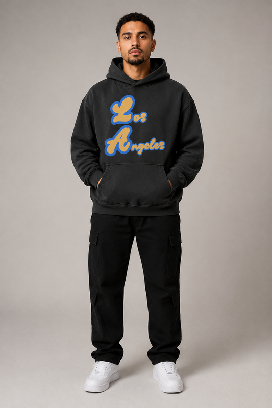 Los Angeles Script 440 GSM Heavyweight Washed Oversized Hoodie, Faded Black front-view full-body men’s studio model photo, Los Angeles | City 2 City Wear