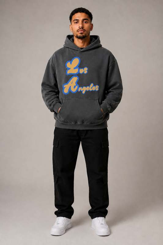 Los Angeles Script 440 GSM Heavyweight Washed Oversized Hoodie, Carbon Gray front-view full-body men’s studio model photo, Los Angeles | City 2 City Wear