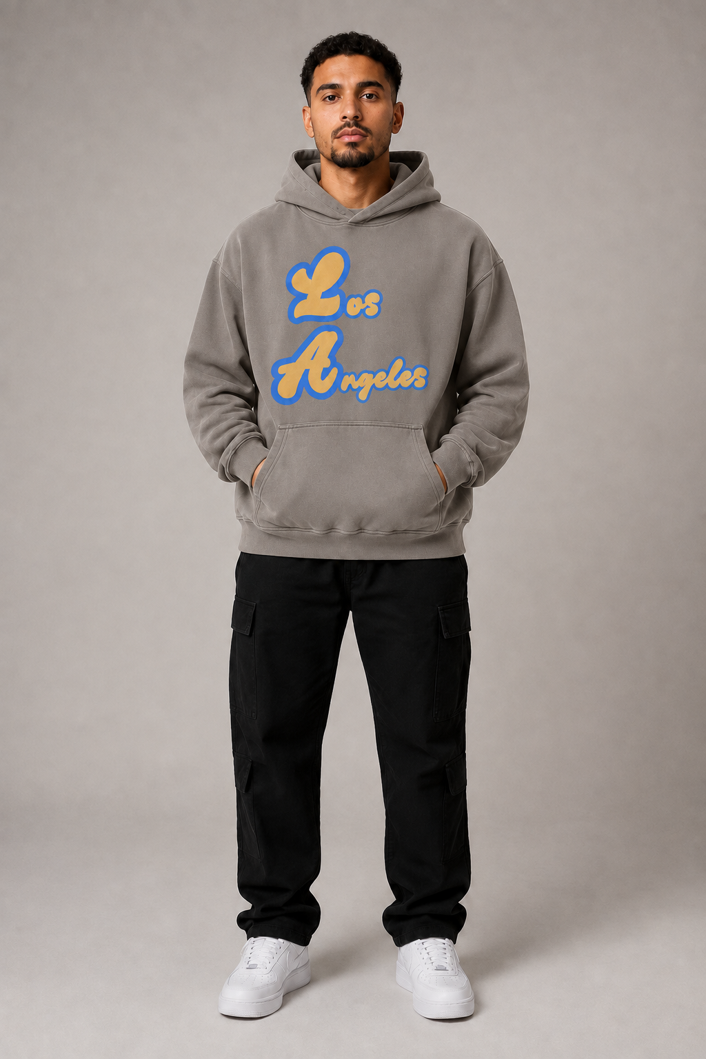 Los Angeles Script 440 GSM Heavyweight Washed Oversized Hoodie, Friar Gray front-view full-body men’s studio model photo, Los Angeles | City 2 City Wear