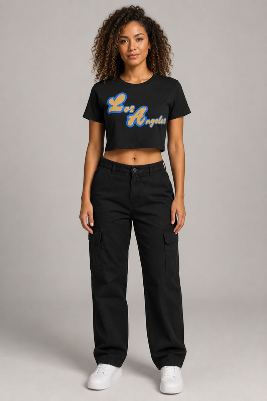 Los Angeles Script Women’s Crop T-Shirt, Black front-view full-body women’s studio model photo, Los Angeles | City 2 City Wear