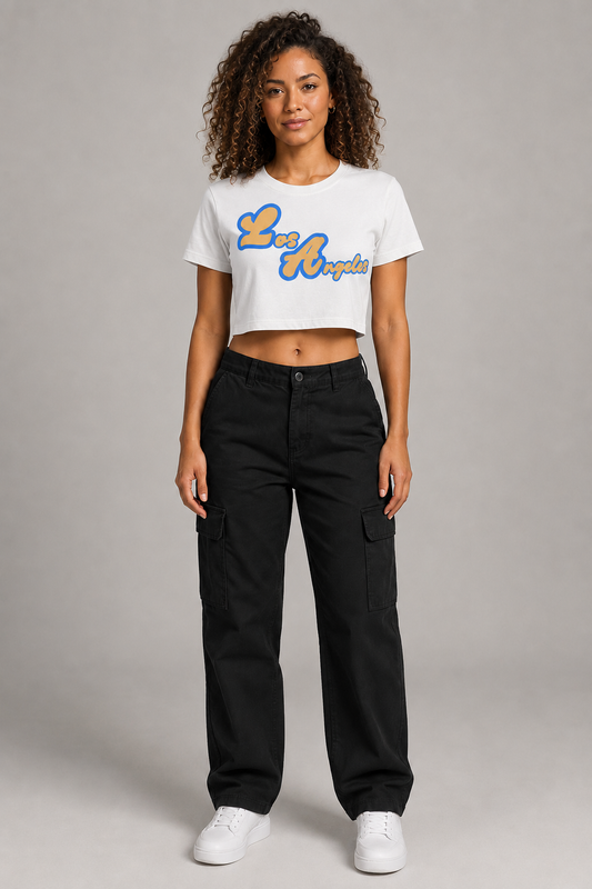 Los Angeles Script Women’s Crop T-Shirt, White front-view full-body women’s studio model photo, Los Angeles | City 2 City Wear