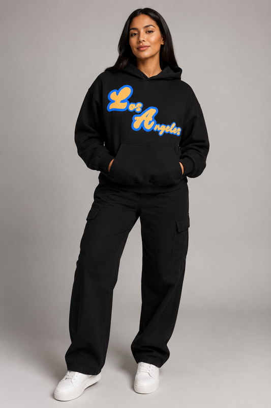 Los Angeles Sculpted 400 GSM Women’s Hoodie, Black three-quarter front full-body women’s studio model photo, Los Angeles | City 2 City Wear