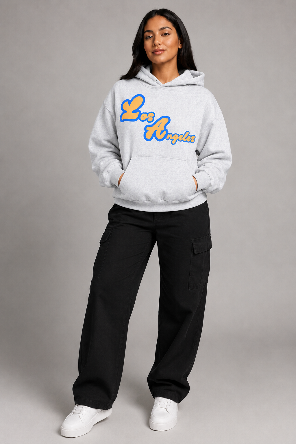 Los Angeles Sculpted 400 GSM Women’s Hoodie, Light Gray three-quarter front full-body women’s studio model photo, Los Angeles | City 2 City Wear