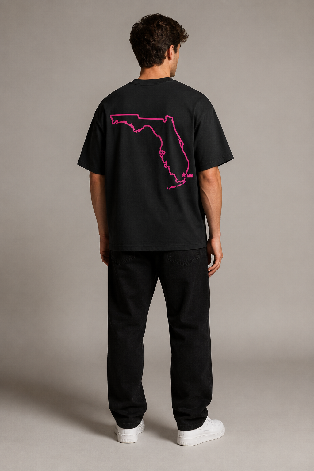 Miami 1896 Heritage 240 GSM Heavyweight Boxy T-Shirt, Black back-view full-body men’s studio model photo, Miami | City 2 City Wear