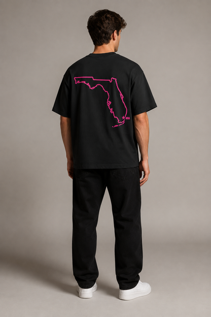 Miami 1896 Heritage 240 GSM Heavyweight Boxy T-Shirt, Black back-view full-body men’s studio model photo, Miami | City 2 City Wear