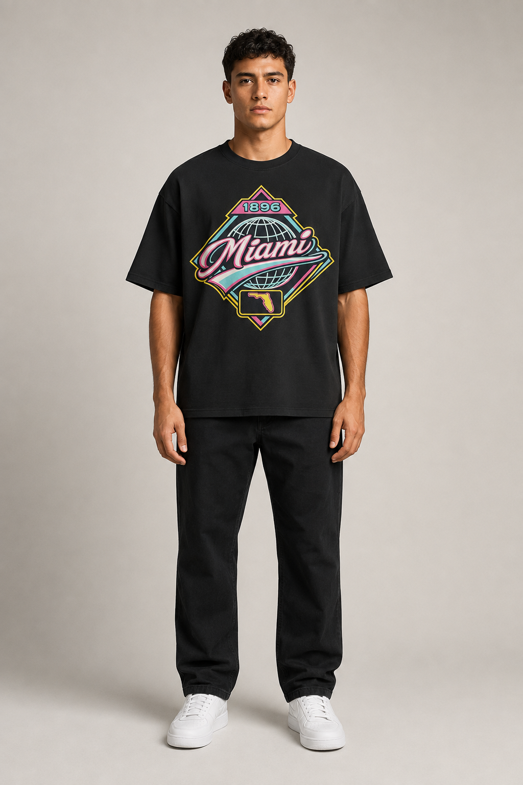 Miami 1896 Heritage 240 GSM Heavyweight Boxy T-Shirt, Black front-view full-body men’s studio model photo, Miami | City 2 City Wear