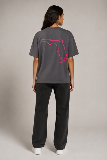Miami 1896 Heritage 240 GSM Heavyweight Boxy T-Shirt, Graphite Gray back-view full-body women’s studio model photo, Miami | City 2 City Wear