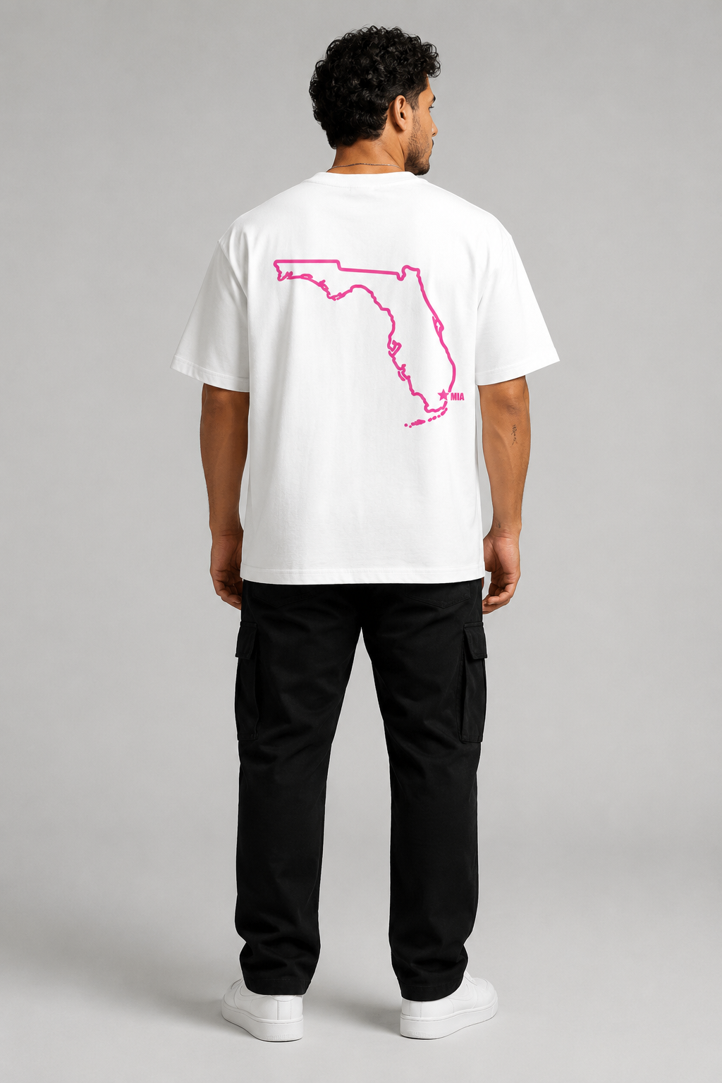 Miami 1896 Heritage 240 GSM Heavyweight Boxy T-Shirt, White back-view full-body men’s studio model photo, Miami | City 2 City Wear