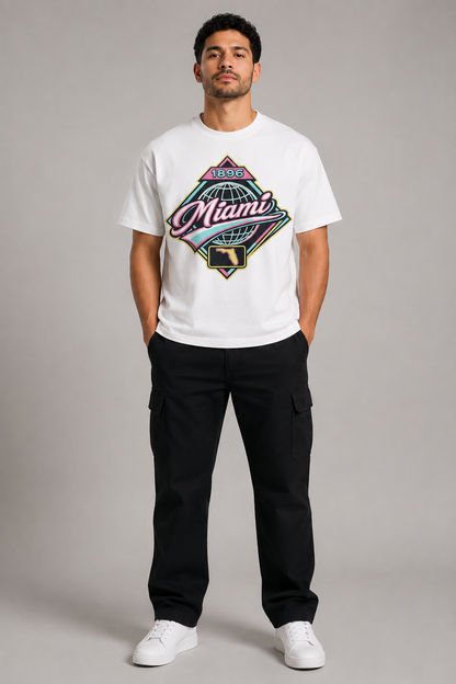 Miami 1896 Heritage 240 GSM Heavyweight Boxy T-Shirt, White front-view full-body men’s studio model photo, Miami | City 2 City Wear