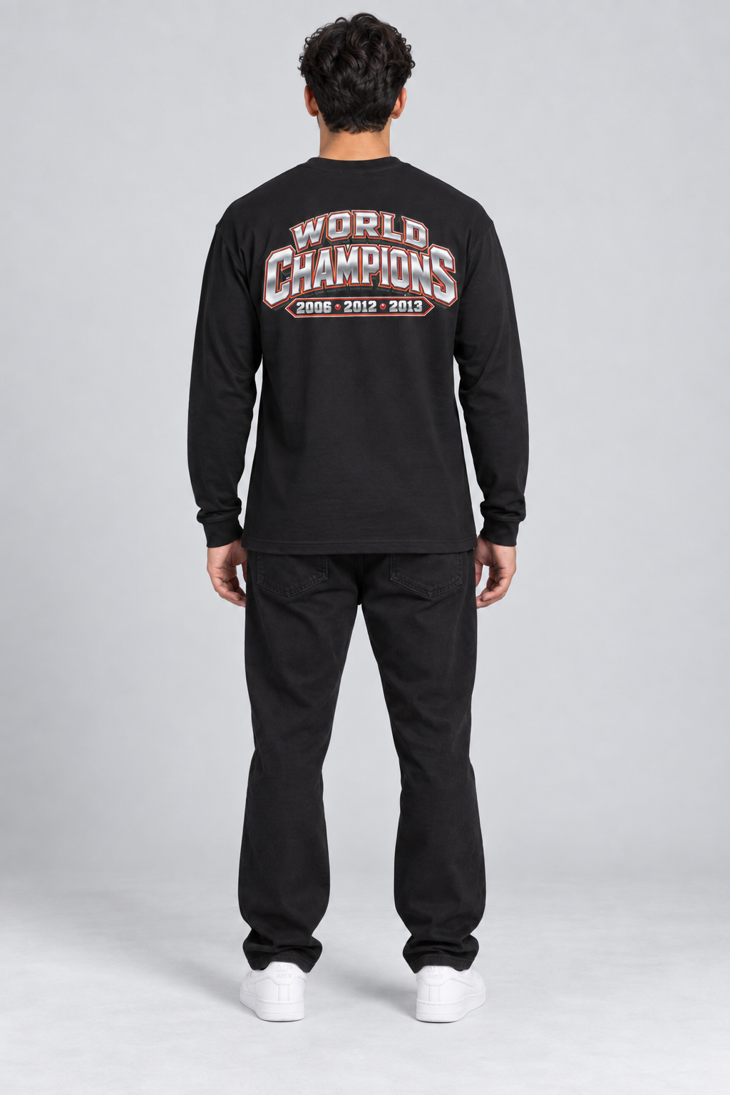 Miami 3-Time City Champions black 220 GSM long-sleeve T-shirt on male model – full-body back view | City 2 City Wear