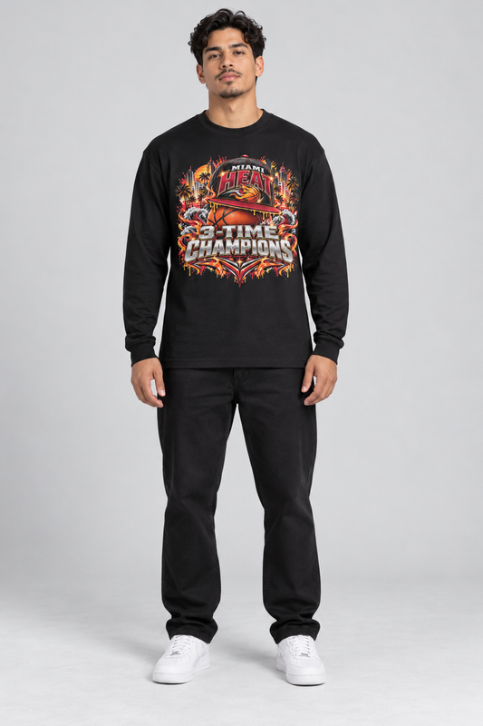 Miami 3-Time City Champions black 220 GSM long-sleeve T-shirt on male model – full-body front view | City 2 City Wear