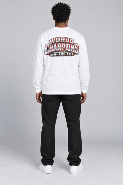 Miami 3-Time City Champions white 220 GSM long-sleeve T-shirt on male model – full-body back view | City 2 City Wear