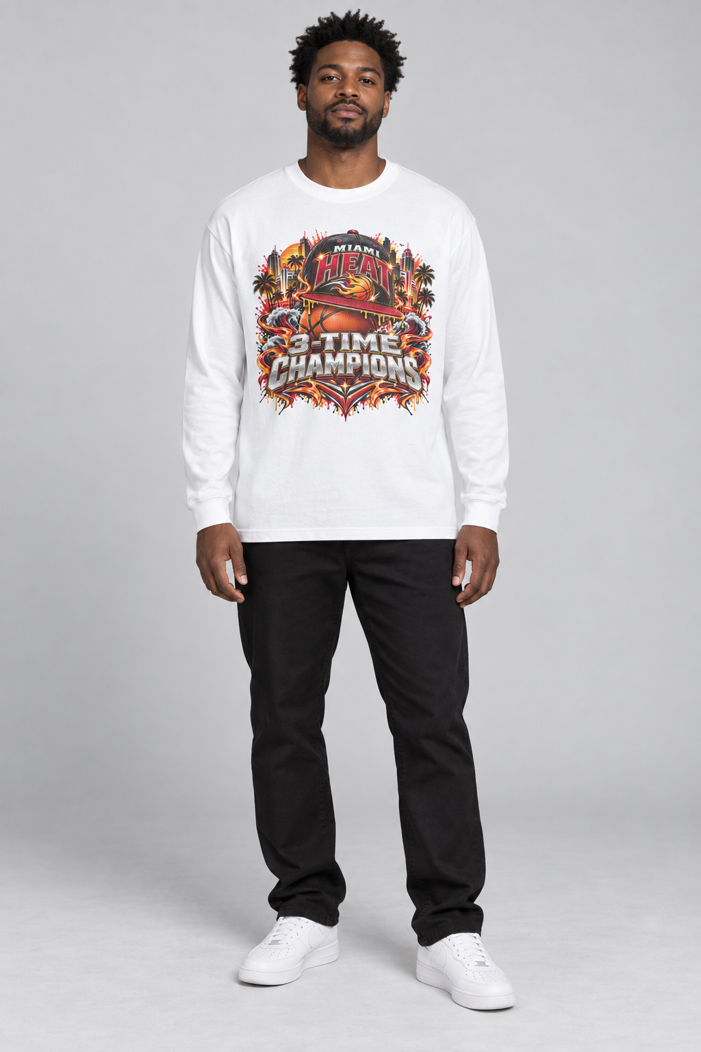 Miami 3-Time City Champions white 220 GSM long-sleeve T-shirt on male model – full-body front view | City 2 City Wear