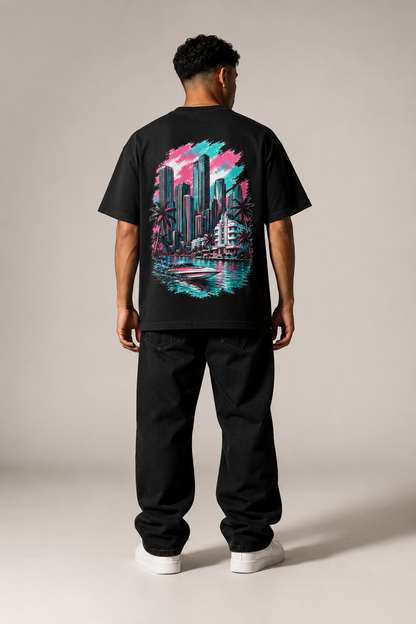 Miami 305 Skyline 240 GSM Heavyweight Boxy T-Shirt, Black back-view full-body men’s studio model photo, Miami | City 2 City Wear