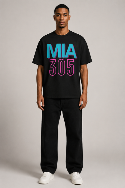 Miami 305 Skyline 240 GSM Heavyweight Boxy T-Shirt, Black front-view full-body men’s studio model photo, Miami | City 2 City Wear