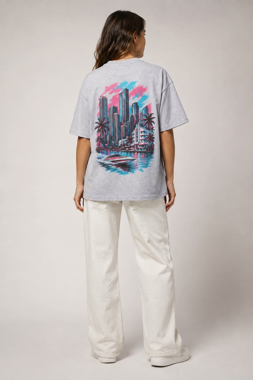 Miami 305 Skyline 240 GSM Heavyweight Boxy T-Shirt, Heather Gray back-view full-body women’s studio model photo, Miami | City 2 City Wear